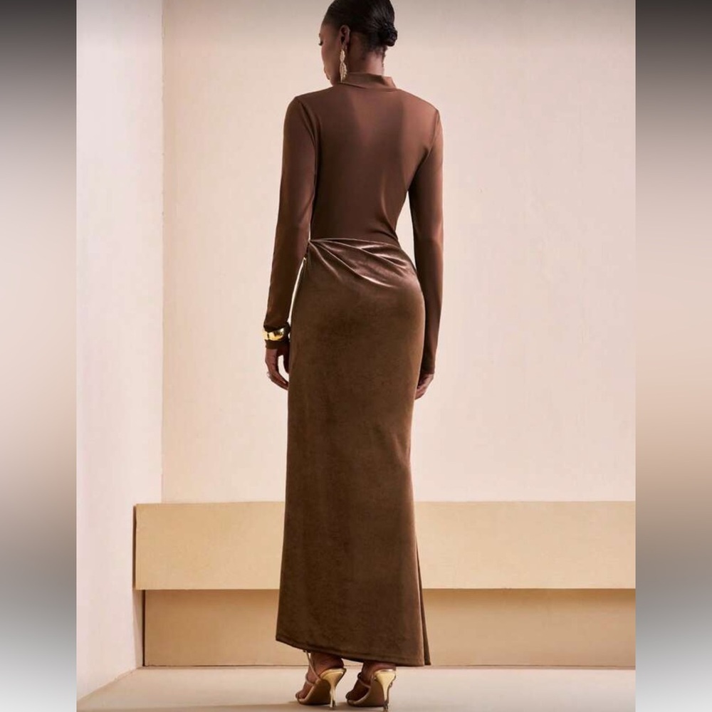 Brown velvet contrast drop waist midi fitted dress asymmetrical bodycon dress - Picture 3 of 6